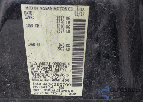 2017 Nissan Altima 2.5 Sr from USA, damaged, VIN 1N4AL3AP5HC260709